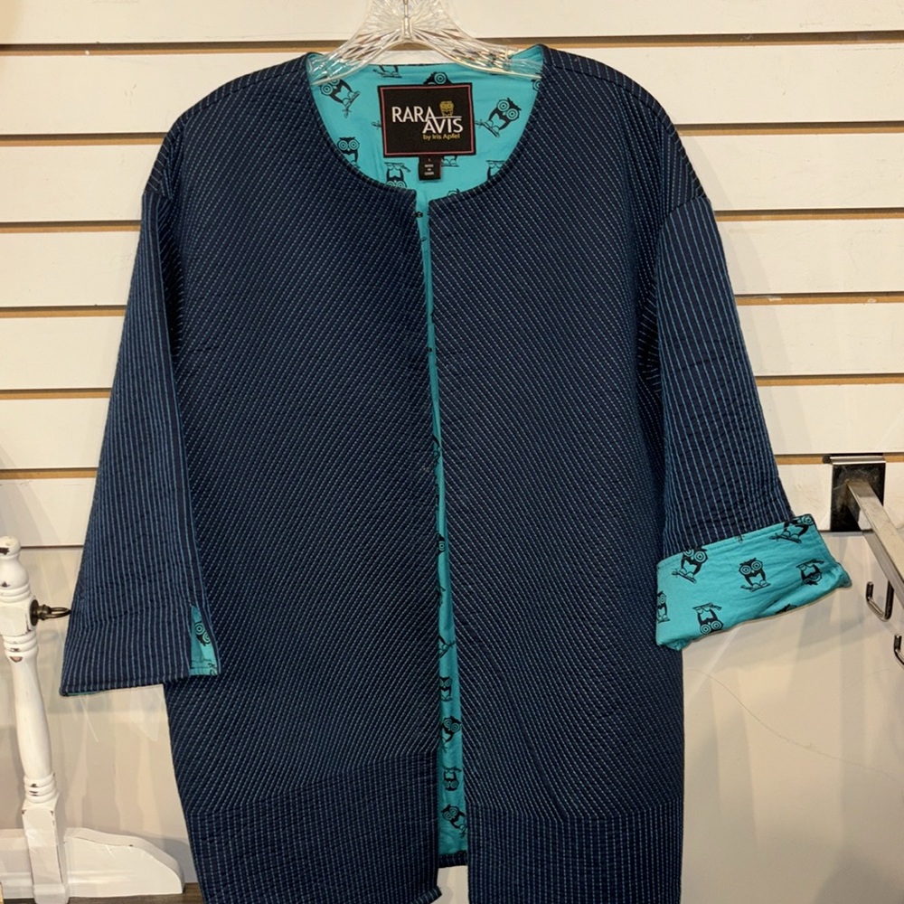 Rara Avis Navy Quilted Open-Front Coat with Teal Lining